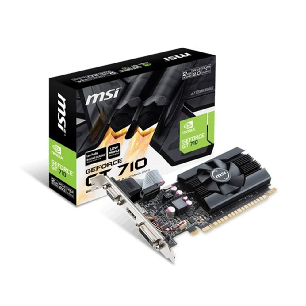خرید کارت گرافیک MSI GT 710 2GD5 LP با حافظه 2 گیگابایت GDDR5، طراحی Low Profile، مصرف برق پایین و عملکرد مناسب برای سیستم‌های اداری و خانگی.